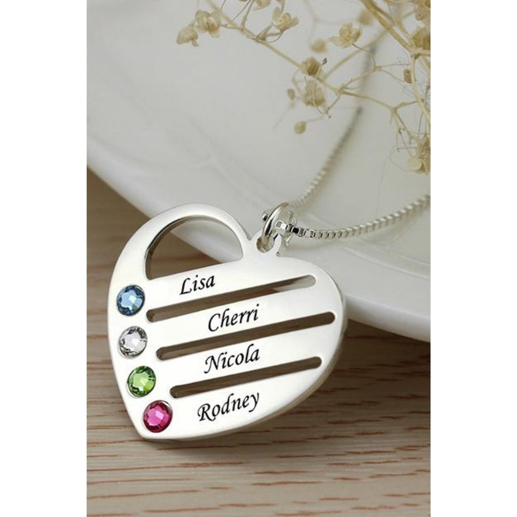 Birthstone Heart Necklace with Engraved Names - Triki Jewelry